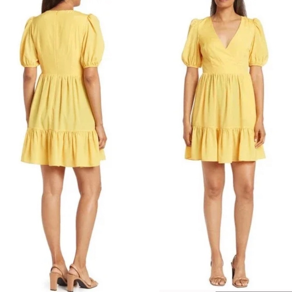 Eliza J Yellow Puff Sleeve Ruffle Flare Tiered Mini Dress